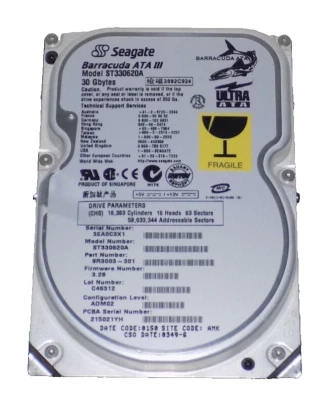 SEAGATE BARRACUDA ATA II ST330630A 30.6GB IDE 2MB CACHE 7.2K RPM 3.5" HARD DRIVE - Image 1 of 4