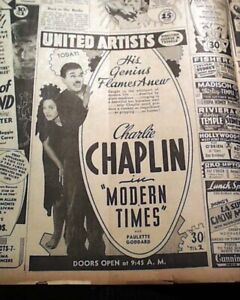 Modern Times Charlie Chaplin Film Movie Opeing Day Ad & Review 1936 Newspaper