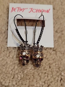 Betsey Johnson Rhinestone Skull with Crown Drop Earrings - Picture 1 of 11