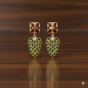 Handmade Kundan Green Emerald & Ruby Dangle Earrings Gold Plated Wedding Jewelry - Picture 1 of 6