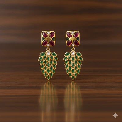 Handmade Kundan Green Emerald & Ruby Dangle Earrings Gold Plated Wedding Jewelry - Image 1 of 4