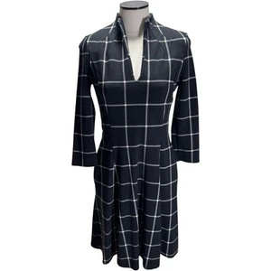 Jude Connally Kennedy 3/4 Sleeve Fit Flare mock V Neck Dress Black & White - Picture 1 of 11