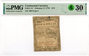 Continental Currency Fr#CC-21 February 17, 1776 $1/2 PMG VF-30 GCC Green *Fugio* - Picture 1 of 3