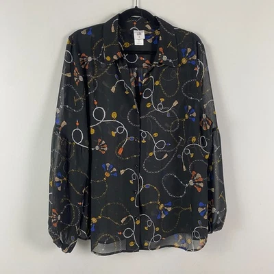 Cabi 3861 Victoria Balloon Sleeve Sheer Blouse Size XL Black Tassel Chain Print - Image 1 of 4