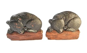 Pair Sleeping Black Bear Cub Bookends Rustic Chalkware on Metal Base 1950s Cabin - Picture 1 of 8