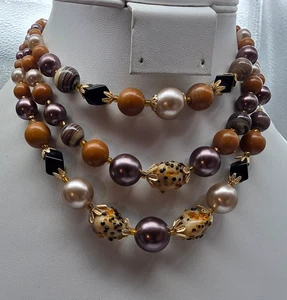 Brown Black Faux Pearl Art Glass Gold Tone Triple Strand Japan Necklace Vintage - Picture 1 of 4