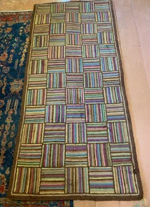 Vintage Antique Handmade Geometric Basket Weaving Hooked Rug 27" X 61" - Picture 1 of 8