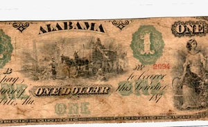 $1 "STATE OF ALABAMA" (RED SERIALS) 1800'S (GREEN OVERPRINT) $1 "ALABAMA" - Picture 1 of 3