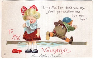 ANTIQUE VALENTINE Postcard GIRL CRYING, BOY RUNNING AWAY, BROKEN HEART ON FLOOR - Picture 1 of 2