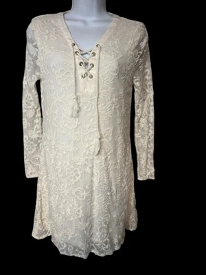 Forever 21 Size Small Lace Dress Ivory BOHO Front Tie Lined Festival Hippie - Image 1 of 4