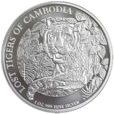 Moneda bullion de plata .999 Lost Tigers of Cambodia 2023 de 1 oz en cápsula Foto 1 de 2