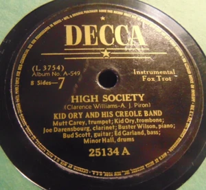 78RPM Decca 25134 Kid Ory - High Society / Blanche Touquotoux, clean VV+V - Picture 1 of 5