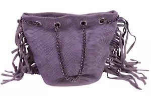 Tasche Velours Leder grau Krokolook Bucket Bag Beutel Fransen Kettenhenkel B209 - Bild 1 von 12