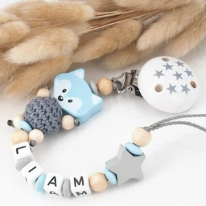 Schnullerkette mit Namen Junge ❤ FUCHS Stern Babygeschenk grau babyblau natur - Bild 1 von 7