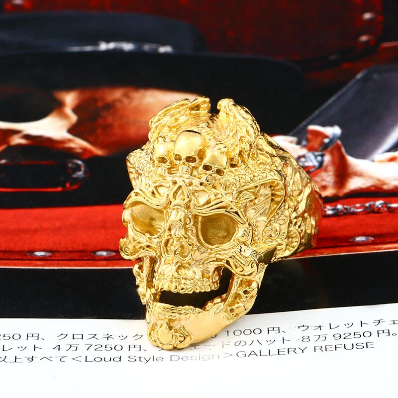 Powerful Gothic Gold Skull Head Ring Stainless Steel Men's Biker Skull Punk Ring - Image 1 of 1