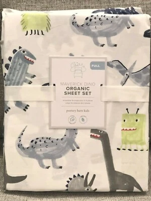 NUEVO Juego de sábanas Pottery Barn Kids Maverick Dino orgánico tamaño completo 4 piezas, dinosaurio Foto 1 de 3