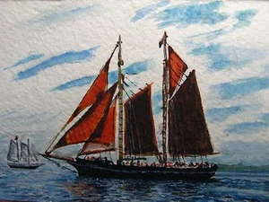 Quadro Barca a Vela Oceano Grande Vela Rossa Yacht Natura ACEO Arte - Foto 1 di 2