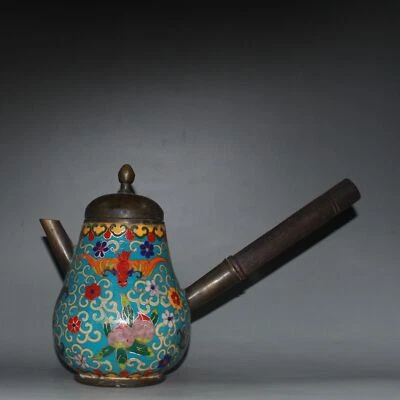 Neumático de latón antiguo de China raro de 11,6" Cloisonne mango de madera olla de alcohol Foto 1 de 4