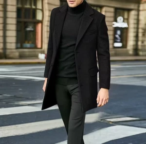 e Men's Black Slim Fit Wool-Blend Overcoat Jacket Coat Size 48R - Picture 1 of 5