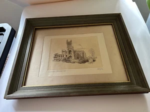 Edward R Grove Signed Etching Washington Cathedral 1964 Covered Vintage Frame - Picture 1 of 7