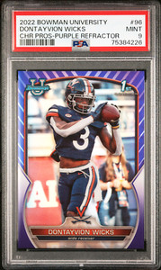 2022 Bowman University Chrome Dontayvion Wicks RC PURPLE REF /399, PSA 9, No 10