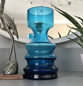 Vintage MCM 60er 70er Jahre blau Glas Kerzenständer Vase Blumenvase Glasvase - Bild 1 von 17