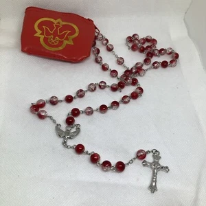 Beautiful Red Clear Crackled Beaded Silvertone Christian Catholic Rosary W/Pouch - Picture 1 of 5