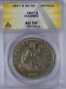 1847 P Liberty Seated Silver Dollars ANACS AU-50 CLEANED - Picture 1 of 4