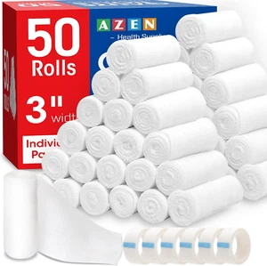 50 Pack 3 Inch Gauze Bandage Rolls, 4.1 Yards Each – AZEN Medical&First Aid Wrap - Picture 1 of 11