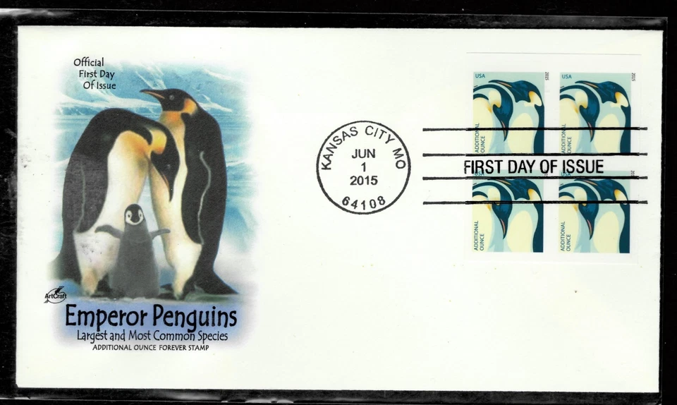 2015, #4989a, Emperor Penguins, NO DIE CUT blk/4 FDCover. Artcraft cachet - Image 1 of 1