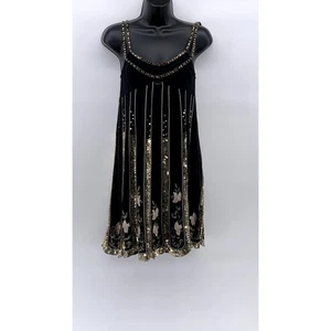 MANGANO Women's Black Floral Beaded Silk Scoop-Neck A-Line Mini Dress SZ XS - Picture 1 of 14