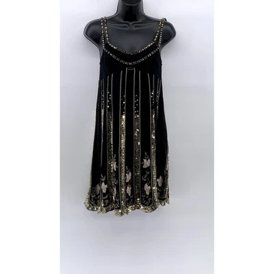 Mini Vestido para Mujer MANGANO Negro Floral Cuentas Seda Cuello Redondo Línea A Talla X Foto 1 de 4