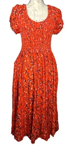 Torrid Floral Smock Maxi Dress Smocked - Size 0 (Large) - Orange Floral POCKETS! - Picture 1 of 12