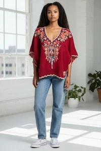 JOHNNY WAS SZ XS Pullover Cupra Rayon Embroidered V-Neck NICE!!! - Picture 1 of 14