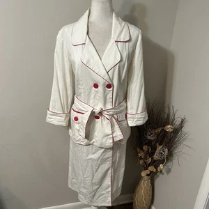 Vintage AS.HRO 2-teiliges Jacke Rock Set weiß rosa Borte 3/4 Ärmel Gürtelschlitz Gr. 14 Fehler - Bild 1 von 13