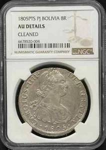 1805 PTS PJ Bolivia Silver 8 REALES NGC AU Details - Picture 1 of 2