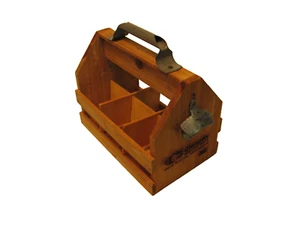 WOODEN SIX PACK BEER CADDY Bottle Opener Metal Handle Wood Holder Carry Case - Picture 1 of 11