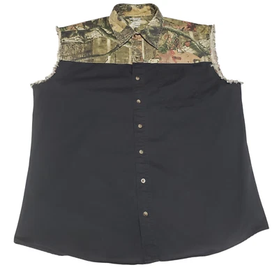 Mossy Oak Sleeveless Shirt Men's XL (Fits 2XL) Black & Camo Colorblock Button Up - Image 1 of 4