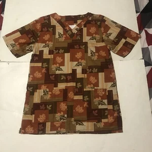 GSL Scrubs Top Size S Ladies Brown Leaves Short Sleeves 4246 - Picture 1 of 9