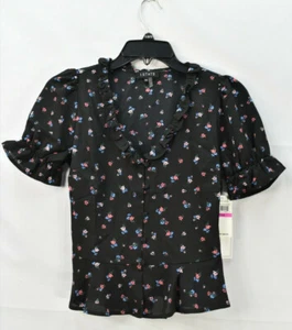 1.STATE Women's XXS Short Sleeve V-Neck Button UP Peplum Top Blouse, Black, NwT - Picture 1 of 8