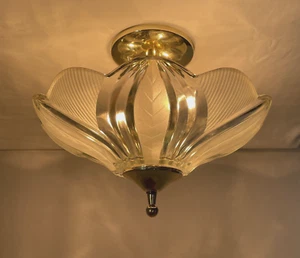 Vtg Art Deco Semi Flush Mount Glass Ceiling Light Fixture Flower Petals Feminine - Picture 1 of 22