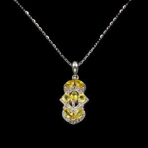 Silver Pendant Sapphire Yellow Genuine Natural Gems Solid Sterling With Chain - Picture 1 of 24