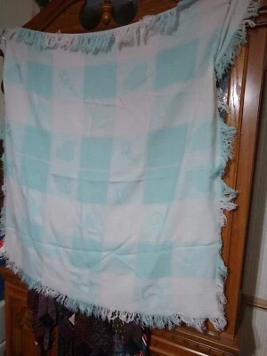 Vtg TEYCI Blue/ White Waffle Knit Thermal Trim   Baby BLANKET  56" x 57" EUC - Image 1 of 4