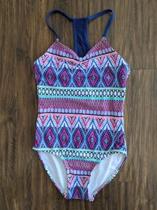 Size 7 Gossip Girl One Piece Pink White Blue Geometric Girl Swimsuit - Picture 1 of 4