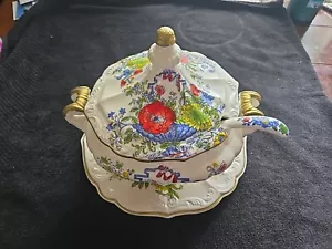 Zuppa accento fiore corona reale vintage cucita senza cucchiaio dipinta a mano - Foto 1 di 13