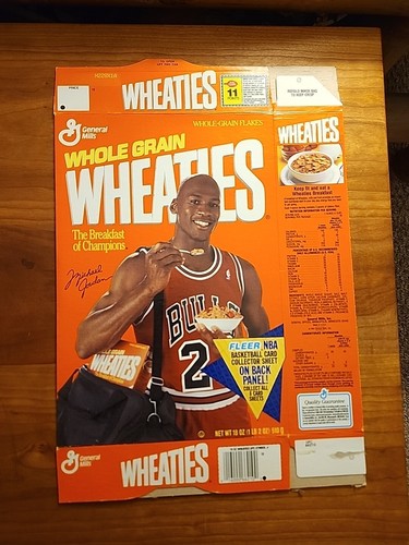 Scatola Jordan Wheaties 1992 con carte Fleer sul retro Michael Jordan 18 oz. Piatto raro
