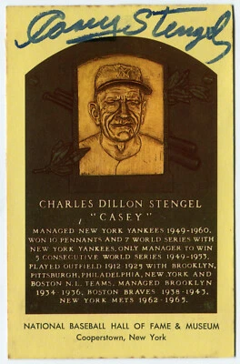 CASEY STENGEL Double Signed Yellow Hall Of Fame Plaque Postcard HOF GA & JSA - Image 1 of 4