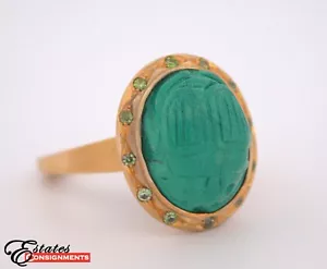 Carved Malachite Scarab, Demantoid Garnet, 12K Yellow Gold Ring - Picture 1 of 21