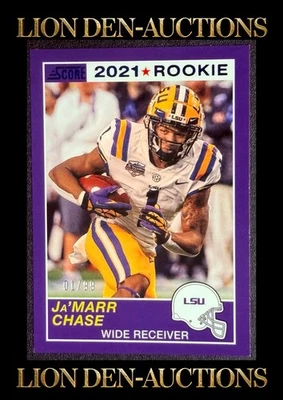 Ja'MARR CHASE 2021 CHRONICLES SCORE DRAFT PICKS PURPLE ROOKIE JERSEY MATCH #1/99 - Image 1 of 4