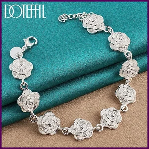 Brazalete de cadena de flor rosa completa de plata de ley 925 DOTEFFIL para mujer - Imagen 1 de 24